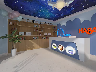 Bright HABA Kids School Interior with Starry Sky Ceiling Reception Desk Bookshelves and Balloons 3d model