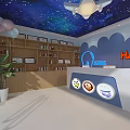 Bright HABA Kids School Interior with Starry Sky Ceiling Reception Desk Bookshelves and Balloons