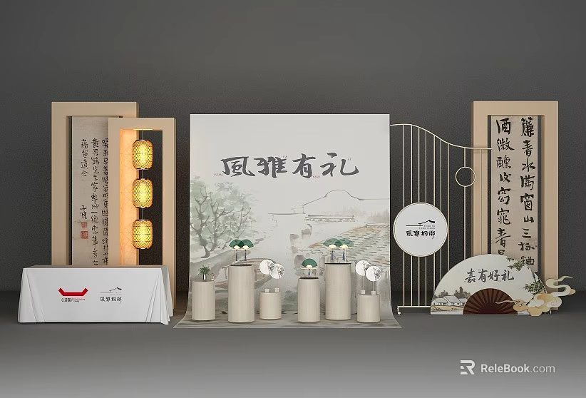 Chinese Style Photo Spot With Elegant Fengya Youli Theme Lanterns Scrolls And Fan Decor 3d model 