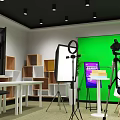 Public Office Space With Green Screen Lighting Equipment Work Tables And Seating