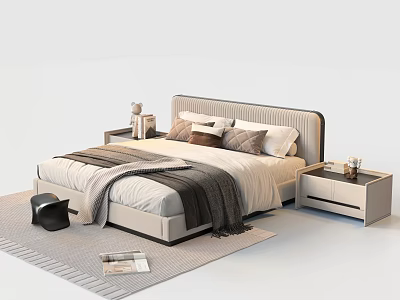 Modern Double Bed with White Sheets Brown Beige Pillows Dark Throw Blanket and Nightstands 3d model