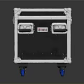 Black Metal Transport Case With Latches Flat Top And Blue Wheels