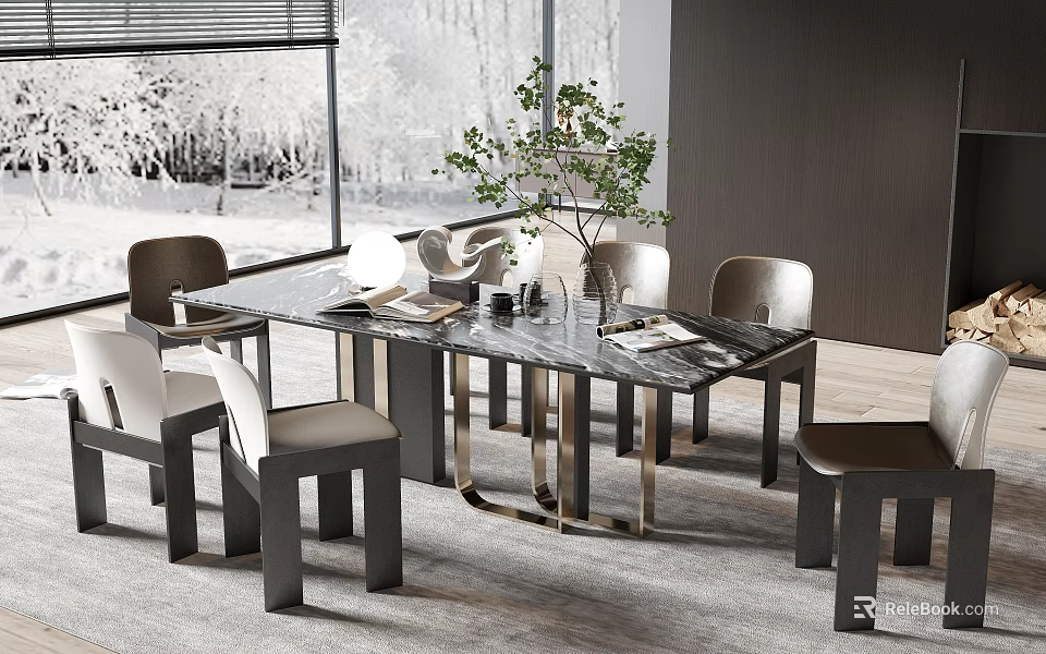 Modern Dining Table Set With Marble Top Metal Frame And Gray White Chairs 3d model 