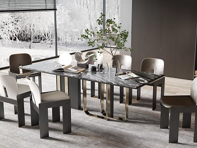 Modern Dining Table Set With Marble Top Metal Frame And Gray White Chairs 3d model