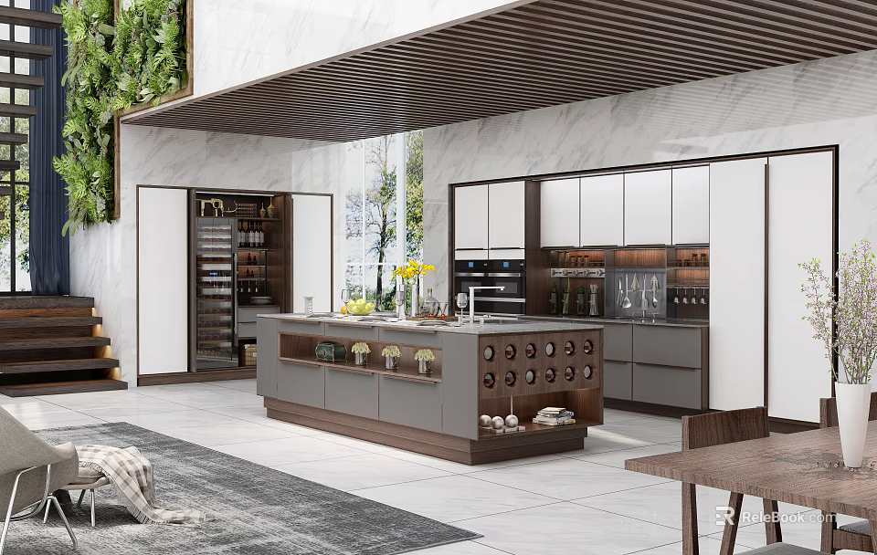Elegant Modern Kitchen Interior With Marble Island Cabinets Wine Storage And Green Plants 3d model 