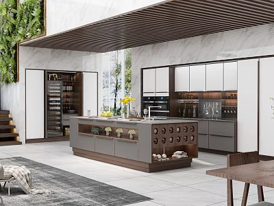 Elegant Modern Kitchen Interior With Marble Island Cabinets Wine Storage And Green Plants 3d model