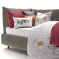 Kids Bed with Gray and Navy Headboards Colorful Bedding Cartoon Patterns Soft Pillows