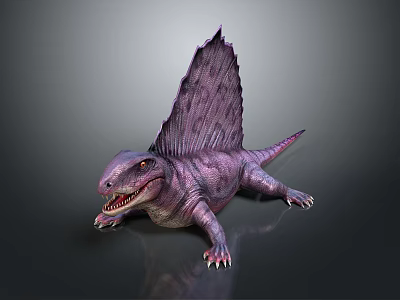 Purple Dinosaur Model With Spiked Sail Back Open Mouth And Sharp Teeth On Dark Background 3d model