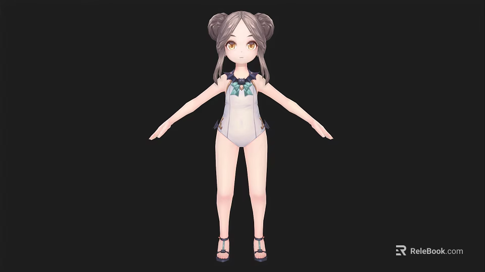 A Woman With Double Buns Hairstyle In White One Piece Swimsuit And Bow Tie Sandals 3d model 