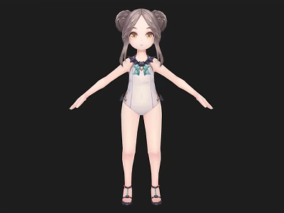 A Woman With Double Buns Hairstyle In White One Piece Swimsuit And Bow Tie Sandals 3d model