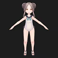 A Woman With Double Buns Hairstyle In White One Piece Swimsuit And Bow Tie Sandals
