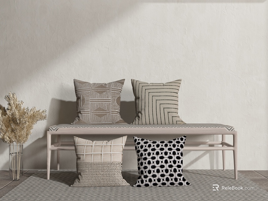 Pillows With Geometric Stripe Polka Dot Plaid Patterns On Light Colored Bench Alongside Dried Flowers 3d model 