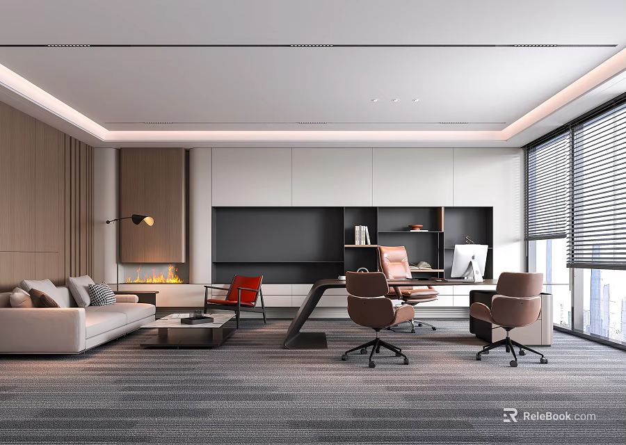 Modern Office Interior Design With Sofa Desk Office Chairs Floor To Ceiling Windows And Blinds 3d model 