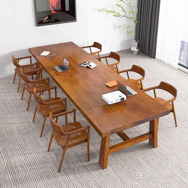 Solid Wood Conference Table With Wooden Chairs Laptop Documents In Modern Office 3d model 