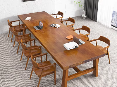 Solid Wood Conference Table With Wooden Chairs Laptop Documents In Modern Office 3d model