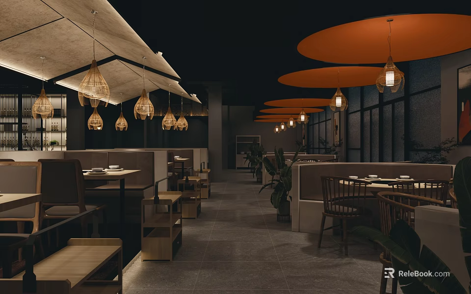 Modern Restaurant Interior Design With Hanging Pendant Lights Wooden Tables And Chairs 3d model 