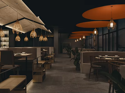 Modern Restaurant Interior Design With Hanging Pendant Lights Wooden Tables And Chairs 3d model