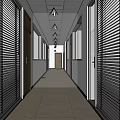 Modern Office Hallway With Glass Doors Blinds White Walls Ceiling Lights And Light Tile Flooring