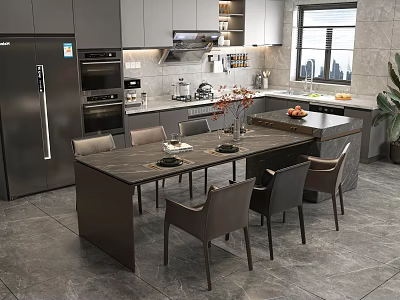 Modern Kitchen Dining Table Set With Dark Wood Top Leather Chairs And Marble Countertop 3d model