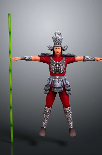 A Man In Red Armor With Silver Helmet Holding Green Staff And Arms Outstretched 3d model