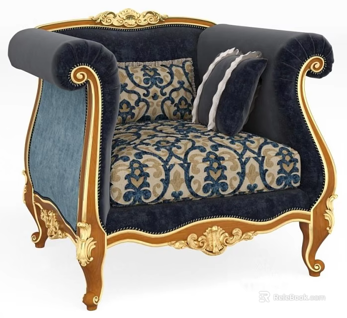 Classic Single Sofa With Navy Blue Upholstery Gold Trim And Ornate Pattern Pillows 3d model 