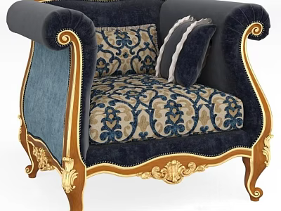 Classic Single Sofa With Navy Blue Upholstery Gold Trim And Ornate Pattern Pillows 3d model
