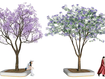 Vibrant Purple Flowering Arbor with Seated and Standing Figures on Square Planters 3d model