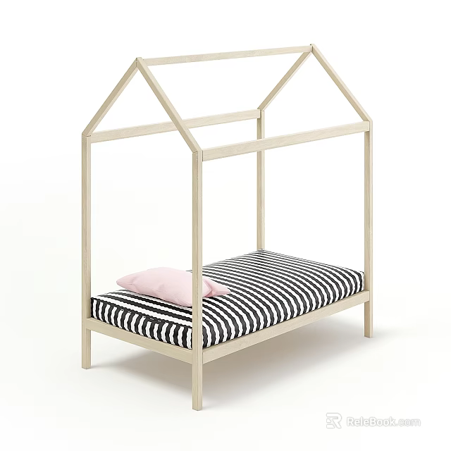 House Shaped Wooden Children's Bed With Black White Striped Mattress And Pink Pillow 3d model 