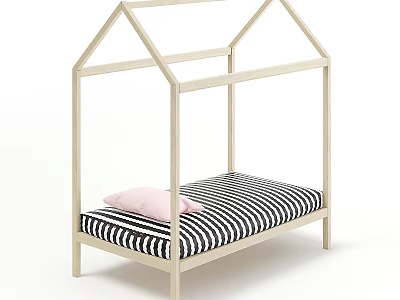 House Shaped Wooden Children's Bed With Black White Striped Mattress And Pink Pillow 3d model