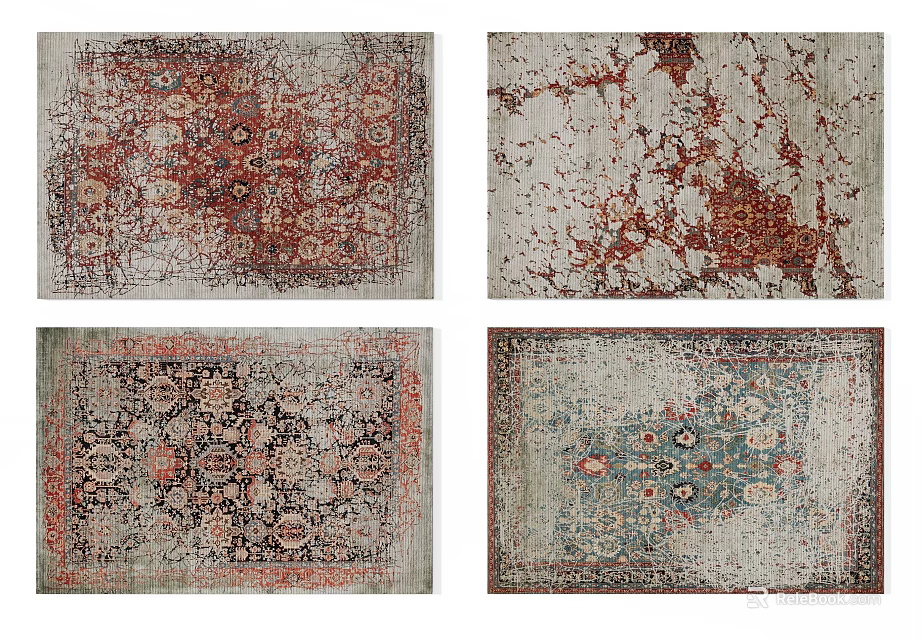 Square Rugs Featuring Diverse Traditional Patterns In Red Blue Beige Tones 3d model