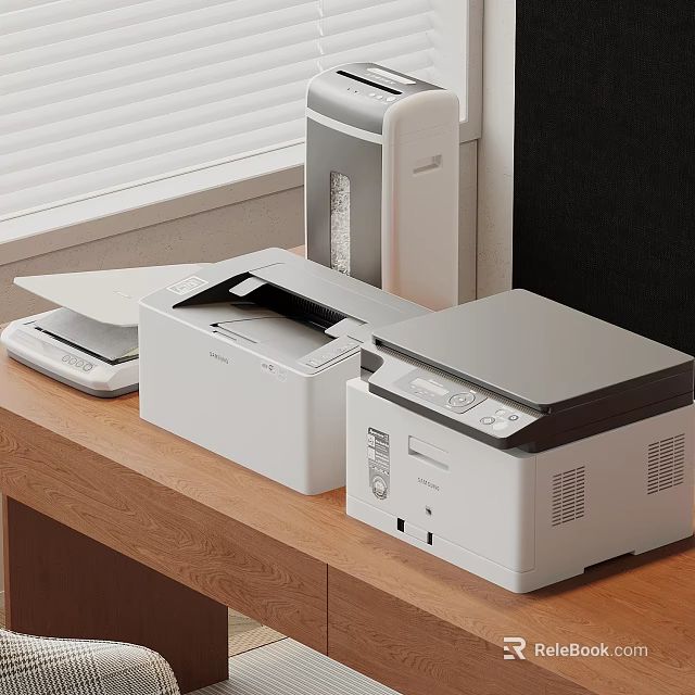 Modern Office Appliances Set With Printer Scanner And Shredder On Wooden Desk 3d model 