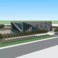 Contemporary Geometric Public Building With Glass Facade Urban Square And Pedestrians