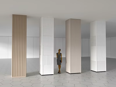 Brown And White Vertical Line Columns In Room With White Walls And Hexagonal Floor Tiles 3d model