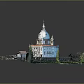 Historic Building Model With White Dome Red Roof Towers And Green Trees Square