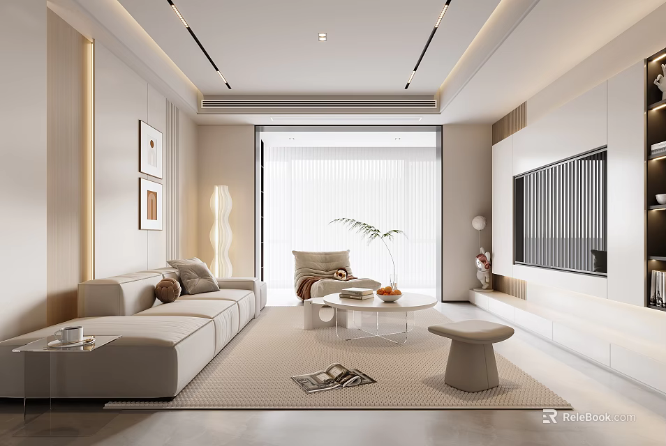 Modern Living Room Interior With Beige Sofa Coffee Table TV And Floor Lamp 3d model 