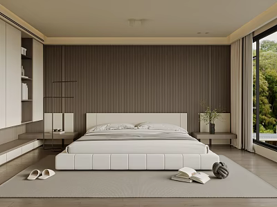 Modern Bedroom Interior With White Bed Wooden Striped Accent Wall Large Window And Greenery View 3d model