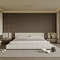 Modern Bedroom Interior With White Bed Wooden Striped Accent Wall Large Window And Greenery View