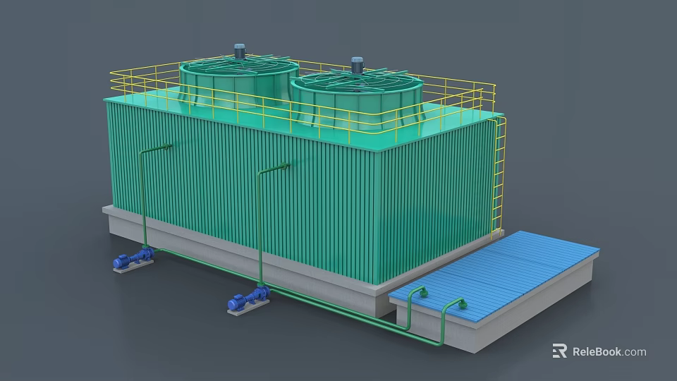 Industrial Equipment Green Cooling Tower With Dual Circular Tops Yellow Railings And Pipes 3d model 