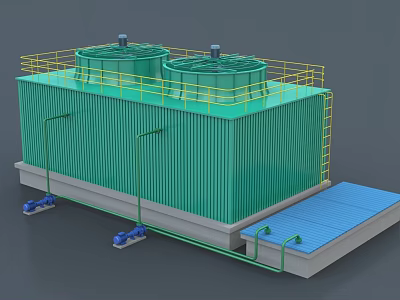 Industrial Equipment Green Cooling Tower With Dual Circular Tops Yellow Railings And Pipes 3d model