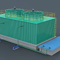 Industrial Equipment Green Cooling Tower With Dual Circular Tops Yellow Railings And Pipes