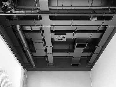 Modern Industrial Ceiling With Exposed Metal Pipes Ventilation Grilles And Structural Framework 3d model