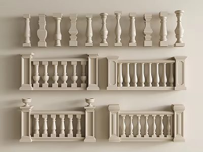 Various Traditional Railings Featuring Ornate Balusters Classic Handrails and Decorative Bases 3d model