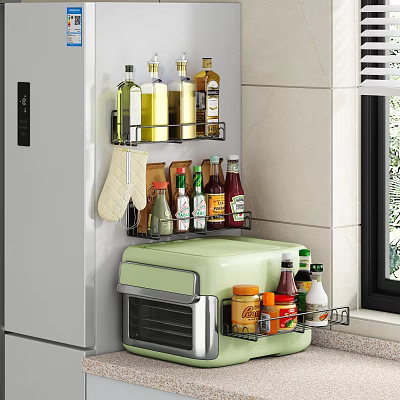 Kitchen Storage Solution With Wall Mounted Racks Holding Spice And Oil Bottles 3d model