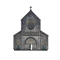 Gothic Church Architectural Components Including Cross Rose Window Arched Doorway Stone Columns And Carvings