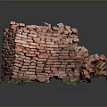 Partially Collapsed Red Brick Wall With Green Moss At Bottom On Gray Background