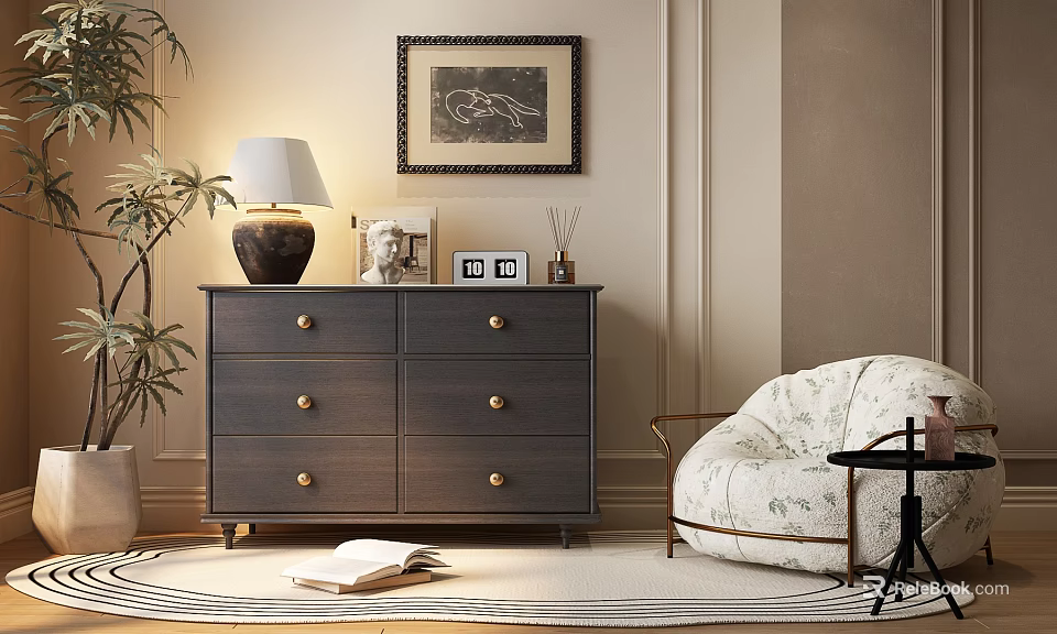 Modern Gray Console Cabinet Sideboard with Drawers Gold Knobs Floor Lamp and Green Plant 3d model 