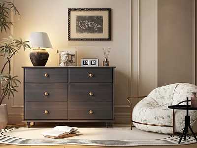 Modern Gray Console Cabinet Sideboard with Drawers Gold Knobs Floor Lamp and Green Plant 3d model
