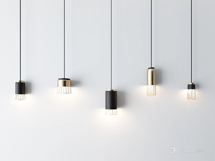 Modern Black And Gold Metal Chandeliers With Transparent Bulbs Hanging In Minimalist Design 3d model 