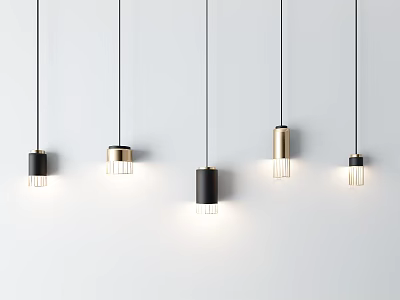 Modern Black And Gold Metal Chandeliers With Transparent Bulbs Hanging In Minimalist Design 3d model