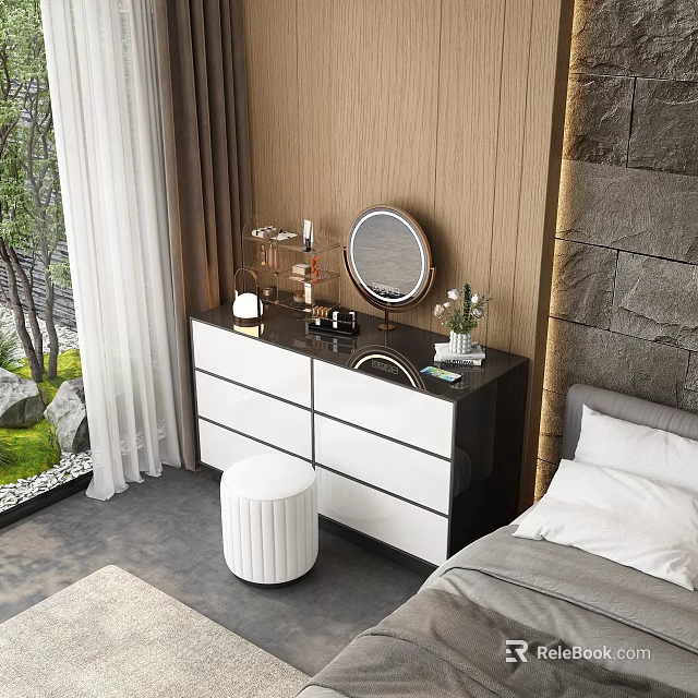 Elegant Black And White Dressing Table With Round Stool Mirror And Stone Wall 3d model 